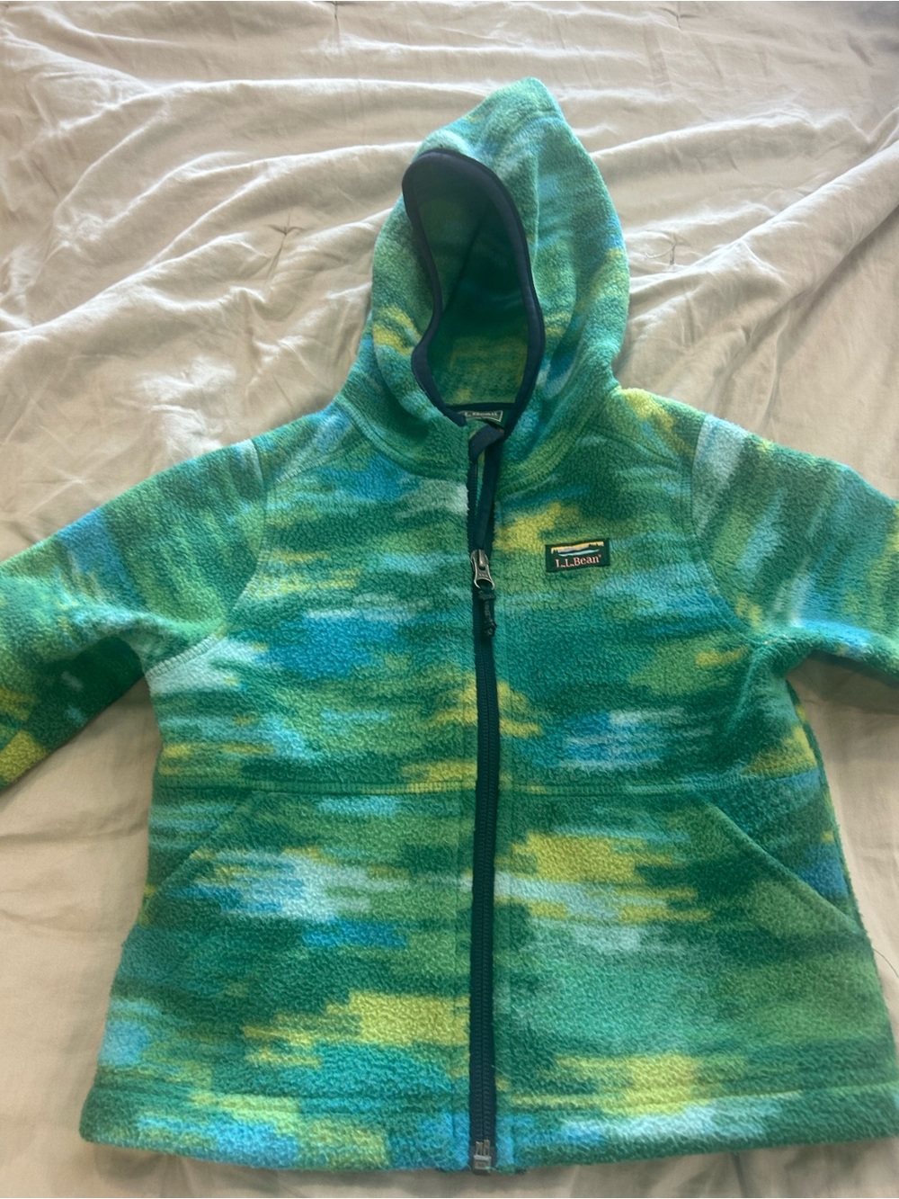 L.L. Bean Hooded Fleece Jacket - Green Blue Pattern